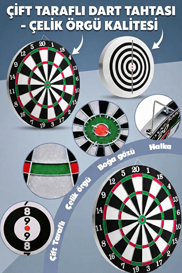 17 İnç Çift Taraflı Dart Tahtası Seti – 6 Çelik Uçlu Ok, Ev ve Ofis İçin Dart Oyunu